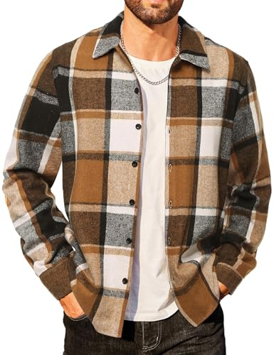 COOFANDY Herren Flanell Holzfällerhemd Regular fit Kariert Freizeithemd Winter Warme Overshit Baumwolle Khaki & Weiß & Schwarz XL