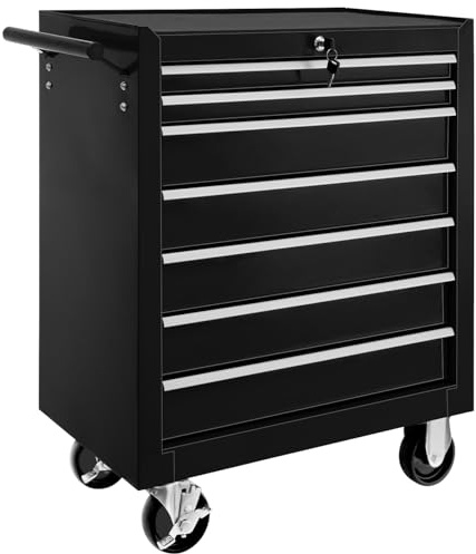 tectake Werkzeugwagen, Werkstattwagen, rollende Werkstatt, Werkzeugwagen leer, Werkzeugbox, 7 Schubfächer, 69 x 33 x 79 cm, Rollen mit Bremsen, inkl. 2 Schlüssel - schwarz