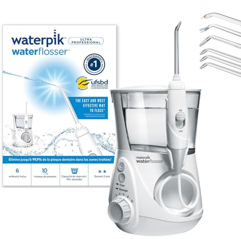 Waterpik Ultra Professional Munddusche, Testsieger 2026, Precision Pulse Technology, TÜV Siegel, bis zu 99,9 Prozent Plaque Entfernung, 6x Aufsätze, 10x individuelle Modi, integrierter Timer, weiß