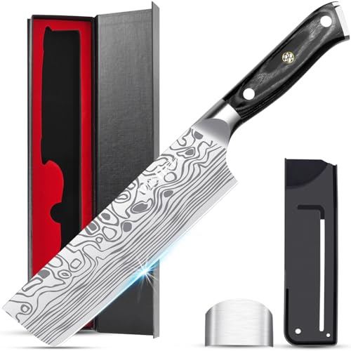 MOSFiATA Nakiri Messer Kochmesser,Küchenmesser Mehrzweck Fleischmesser,mit Fingerschutz und Klingenschutz in Geschenkbox, Deutscher Edelstahl EN1.4116 Nakiri Gemüsemesser, mit Geschenkbox