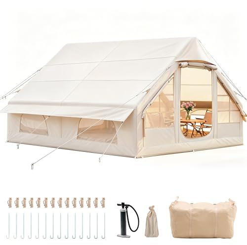 Aufblasbares Campingzelt mit Kaminöffnung & Dachfenster, Aufblasbare Zelt für 2-10per mit Luftpumpe, Zelt Aufblasbar aus Wasserdichtem Oxford-Stoff für Jahreszeiten, Schneller Aufbau Luftzelte