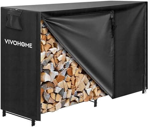 VIVOHOME 1,5m Kaminholzregal mit Abdeckung aus Stahl Robust Wetterfest | Feuerholzregal mit 600D Oxford-Abdeckung für Trockenes Brennholz im Innen- und Außenbereich