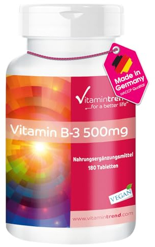 Vitamintrend Vitamin B3 500mg, 180 Tabletten, hochdosiert, Nicotinamid, Nahrungsergänzungsmittel vegan ohne Magnesiumstearat, in Deutschland hergestellt