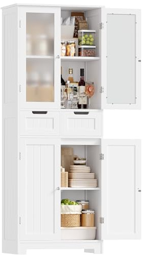 HOCSOK Badezimmerschrank , Badschrank Hochschrank mit 2 Schubladen, Weiß | Lackiertem Badschrank Hochschrank mit 4 Türen,Küchenschrank Hoch für Wohnzimmer Küche Esszimmer Büro