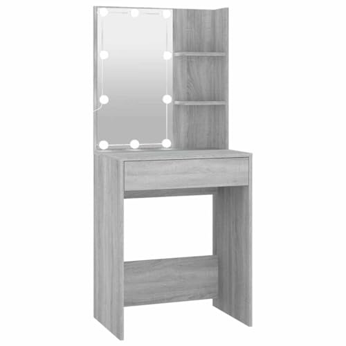 vidaXL Schminktisch mit LED Stauraum Frisiertisch Kommode Frisierkommode Kosmetiktisch Spiegel Beleuchtung Schlafzimmer Grau Sonoma 60x40x140cm