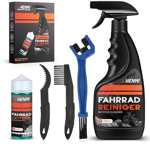 HENMI Fahrrad Reinigungsset, 7 in 1 Kettenreiniger Fahrradkette Set mit Fahrradreiniger 500ml + Fahrradkettenöl 100ml Clean Fit für Fahrradkette/Kurbel/Reifen/Radfahren Ecke Fleck für Alle Fahrräder