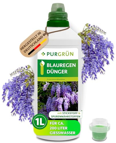 Purgrün® Blauregen-Dünger 1 Liter – Spurennährstoffe für intensive Blüten – Extra Kalium fördert die Widerstandskraft – Ergiebiges Konzentrat für 200 Liter Gießwasser – Premium-Flüssigdünger