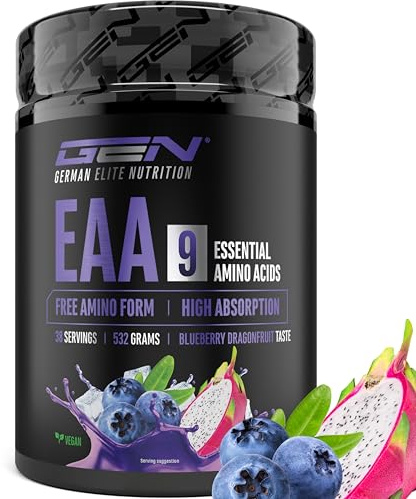 EAA Pulver 532 g (38 Portionen) - Alle 9 essentiellen Aminosäuren inkl. Histidin & BCAA - Human Code Formel -Vegan - Sehr gut löslich - Erfrischender Amino Drink (Blueberry Dragonfruit)