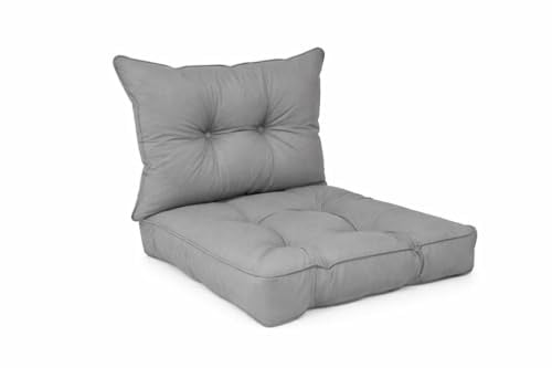 POKAR Stuhlkissen 2er Set 1x Sitzkissen 60x60x10 cm + 1x Rückenlehne 60x40x10 cm | Wasserabweisendes Loungekissen | Outdoor Auflagen für Gartenstuhl und Rattanmöbel | Öko Tex | Made in EU | Grau
