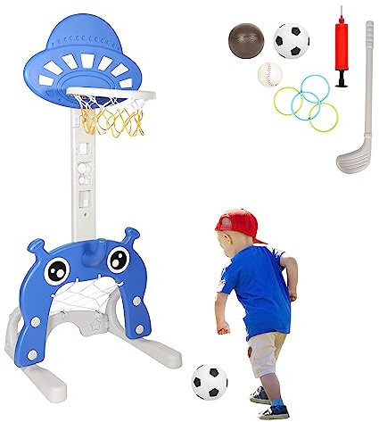 Sonnewelt 4-in-1 Kinder Basketball Set - Höhenverstellbarer Basketballständer, Fußballtor & Wurfspiel für Kleinkinder - Indoor Basketballkorb