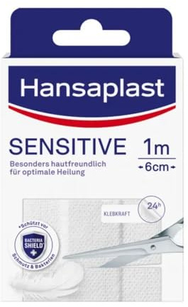 Hansaplast Sensitive Pflaster (1 m x 6 cm), zuschneidbare und hautfreundliche Wundpflaster mit Bacteria Shield & sicherer Klebkraft, schmerzlos zu entfernende Pflaster