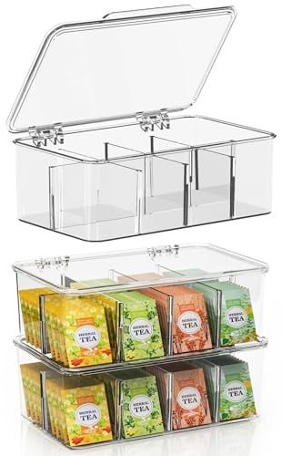 KICHLY Teebeutel-Organizer, 3 Stück, stapelbarer Teebeutel-Aufbewahrungs-Organizer mit transparentem Deckel, Teebeutelhalter für Arbeitsplatten, Küchenschränke, Speisekammer, Süßstoffe, Kunststoff