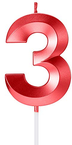 3 Zahlenkerzen für Geburtstagskuchen, Metallic-Rot
