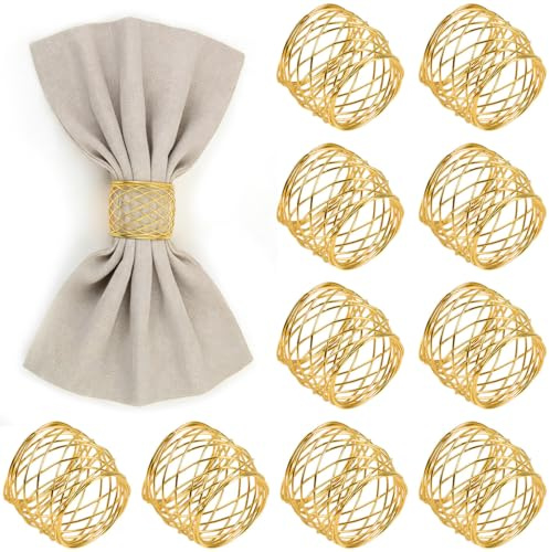 FOROREH 12pcs Serviettenringe Gold Metallmaschen Serviettenringe Set 4.3 * 5.2 cm Serviettenhalter Napkin Ring für die Dekoration Hochzeit für Tisch (12 stück)