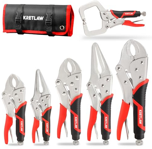 KRETLAW Gripzangen Set 6-teilig selbsthemmend,165/240mm Langbeck Gripzange,125/175/250mm Gripzangen mit gebogenen Backen,150mm C-Klemme mit TPR Griff,Rolltasche inkl.