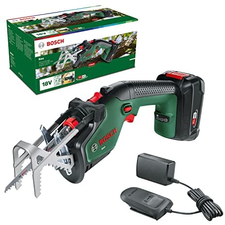 Bosch Akku-Gartensäge/Säbelsäge/Reciprosäge Keo | 1 Akku 2,0 Ah, 18-Volt-System, Schneidekapazität 80 mm, mit Schweizer Präzisionssägeblatt für Holz, im Karton