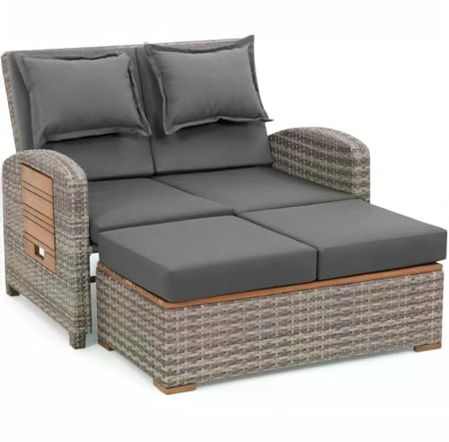 greemotion Gartensofa mit Liegefunktion Bahia Tobago - Sonnenliege mit 5-fach verstellbarer Rückenlehne - Gartenlounge mit zwei klappbaren Seitentabletts - Loungesofa inkl. Hocker 117x93x74 cm