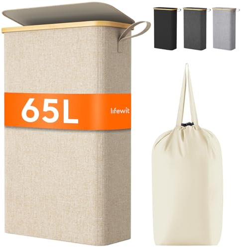 Lifewit 65L Wäschekorb Schmal mit Deckel, Faltbarer Wäschesammler Schmal mit Wäschesack, Laundry Basket Wäscheboxen aus Bambus mit Tragegriff für Apartment, Wohnheim und Wohnwagen, Beige