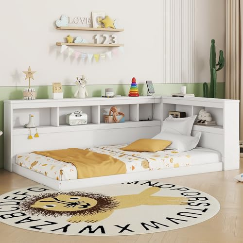 Aoskem Daybett Einzelbett Bett 90x200 cm Kinderbett, Tagesbett Bodenbett mit Stauraum Regale & Ladebuchse, Holzbett Jugendbett Funktionsbett, Bettgestell mit Lattenrost, Ohne Matratze (Weiß)