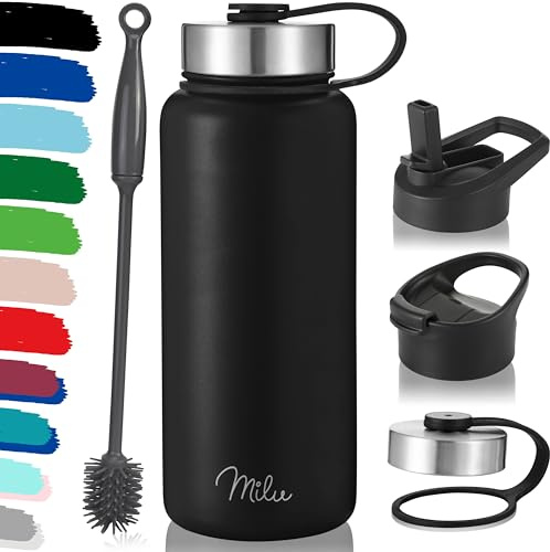 Milu Edelstahl Trinkflasche 500ml, 750ml, 1000ml (+3 Deckel) - Thermosflasche mit Strohhalm, Isolierte Wasserflasche, Auslaufsichere Isolierflasche doppelwandig, Kohlensäure geeignet (Schwarz, 1000ml)