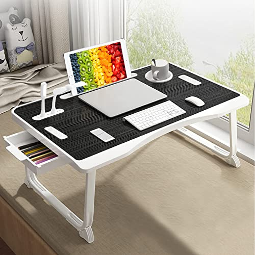 Laptop Betttisch, Faltbarer Laptop-Betttisch mit USB-Ladeanschluss, Griff, Kartenfach, Becherhalter, Seitenschublade, tragbarer Laptoptisch zum Essen, Lesen und Arbeiten im Bett