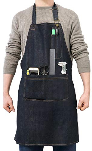 QWORK® Herren & Damen Arbeits Schürze, Werkzeugschürze mit 4 Taschen für Holzbearbeitung Werkstatt Garage Küche Garten - Schwarz