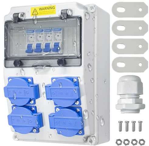 techextra Baustromverteiler 230V, 4 Schuko-Steckdosen Wandverteiler 16A, IP65-Gehäuse Aufputz-Stromverteiler mit 4 C16-LS-Schaltern für Baustelle Werkstatt Garage geschützten Außenbereich