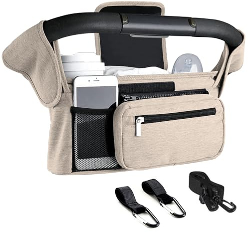 Tyuodna Kinderwagen Organizer Universal,Buggy Tasche mit 2 Isolierten Getränkehaltern, Große Kapazität & Abnehmbarer Schultergurt, Rutschfeste Haken für Kinderwagen/Buggy (Beige)