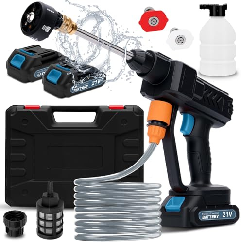 Akku Hochdruckreiniger, Kabellose Akku Druckreiniger, Hydro Blast Tragbarer Hochdruckreiniger mit 2 Akkus, 6-In-1 Düse, Schaumsprüher, 5M Schlauch, für Autos,Terrasse,Garten