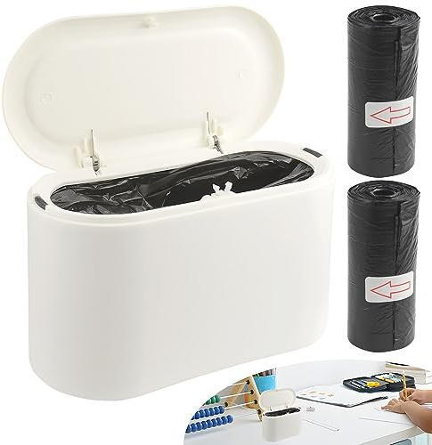 FAELNK Tischmülleimer mit Deckel Tischmülleimer mit Aufpoppen 2L für Den Waschtisch Küche Badezimmer Büro Schreibtisch WC Auto Mini Mülleimer | mit 2 Rollen Müllsäcke