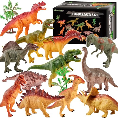TOEY Play 12 große Dinosaurier-Figuren für Kinder, 3 4 5 Jahre, realistisches Spielzeug, Dinosaurier, Figuren mit Bäumen, Tyrannosaurus Rex, Triceratops, Lernspiele, Geschenke für Jungen und Mädchen