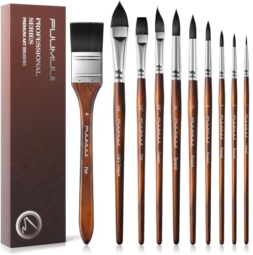 Aquarellpinsel set - 10er Professionell Synthetisches Eichhörnchenhaar Pinsel mit Flachpinsel für Aquarell,Wasserfarben | Künstlerpinsel für Hohe Absorption und konstanten Farbfluss | Watercolor Brush