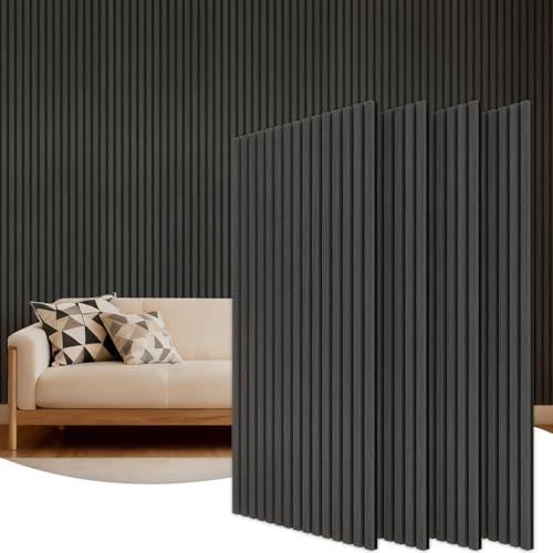 TONOR Akustikpaneele holz, 4 Stück 120 x 60cm - 2,88m² Wandpaneele holz Holzpaneele wand als Schallschutzplatten, Wandverkleidung Holzoptik für Wanddeko Wohnzimmer, Büro, Küche, Schwarz
