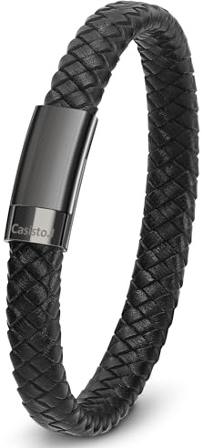 Casisto.J Lederarmband Herren Armband Männer Echtleder Geflochten Breite Armbänder mit Gravur Edelstahl Magnetverschluss Wickelarmband