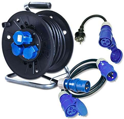 IntuiFlex Camping Kabeltrommel Set - CEE Kabel 25m auf Kabelrolle + 1,5m Anschlusskabel + CEE Adapter - Campingkabel H07RN-F 3G 2,5mm² Kabeltrommel Camping Wohnwagen Wohnmobil Zubehör IP44 Outdoor