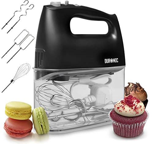 Duronic HM4 BK Handmixer 400W, elektrischer Handrührer mit Aufbewahrungsbox | Zubehör bestehend aus Rührbesen, Knethaken & Schneebesen, 5 Geschwindigkeiten und Turbo, Aufbewahrungsbox, Mixer für Kuchen
