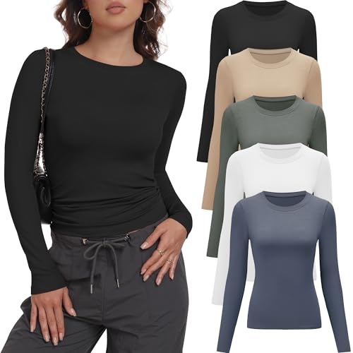 miijoory 3/5er Pack Langarmshirt Damen Basic Shirts Rundhals Slim Fit | Dehnbarer,Weicher,Atmungsaktiv,Y2K Top,Langarm T-Shirt für Sport Outdoor Alltag,Casual Longsleeve Oberteile Unterziehshirts