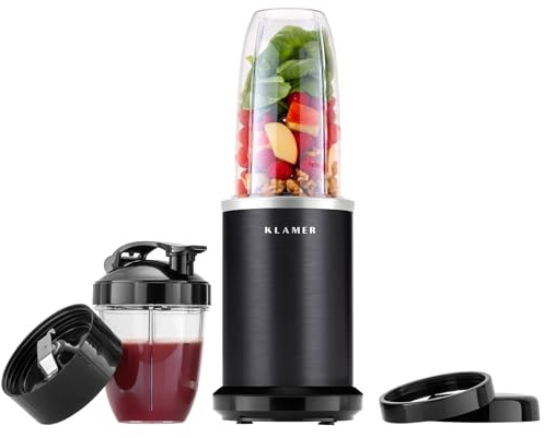 KLAMER Bullet Mixer 1000 Watt, Smoothie Maker, 2 Mixbehälter mit Zubehör | Edelstahlklingen mit Kreuz- und Flachklingenaufsatz, 700 ml und 350 ml Behälter mit Verschluss, auch für Dips und Saucen