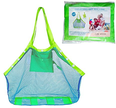 COOLGOEU Strandtasche Strandspielzeug Tasche XXL Groß für Sandspielzeug Wasserspielzeug für Kinder Aufräumsack Spielsack Badetasche Beachbag Faltbar für Familie Urlaub (Blau Mesh/Grün Strap)