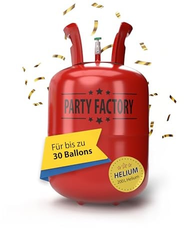 Party Factory – Helium Gasflasche 1x 200L für ca. 30 Luftballons – Partydeko Ballongas Flasche für Latex- & Folienballons – Einwegflaschen mit Knick-Füllventil – Für Partys, Hochzeiten und Geburtstage