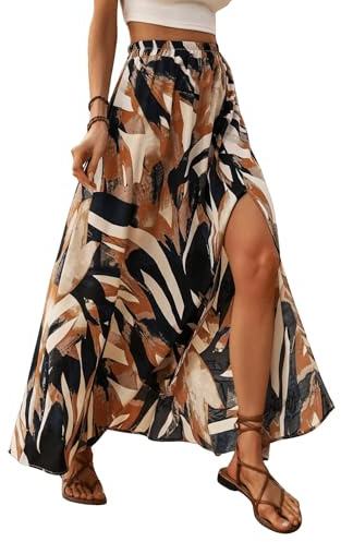 GORGLITTER Damen Rock Sommer Bedruckter Maxirock Böhmisch Sommerrock A Linie Langer Röcke mit Schlitz Hohe Taille Urlaubrock Elegant Freizeitrock