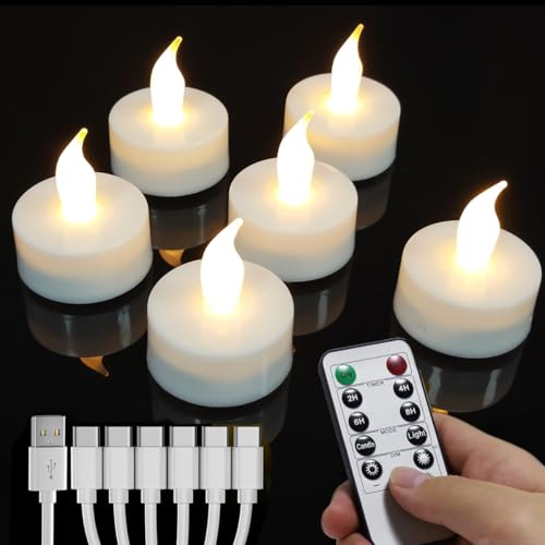 Wiederaufladbare Led Teelichter, 6 Stück Wiederaufladbare Kerzen Flackernd mit Fernbedienung und Timer,Mit 6-Port USB Ladekabel LED Kerzen für Hochzeiten Partys Halloween Weihnachten Heimdekoration