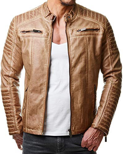 Redbridge Herren Jacke Übergangsjacke Biker Kunstleder Echtleder Baumwolle mit gesteppten Bereichen Kunstleder, Camel S