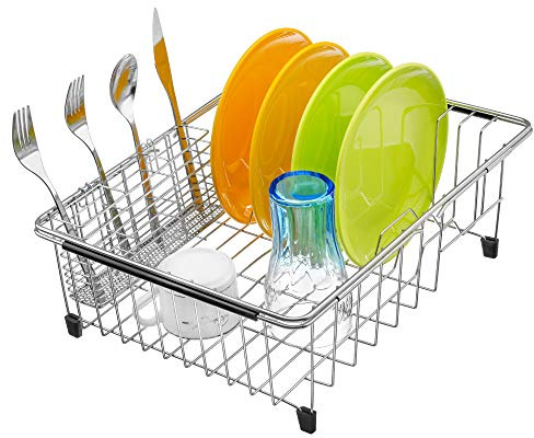 iPEGTOP Erweiterbares Abtropfgestell für Geschirr – Rostfreies Edelstahl Abtropfkorb für Spüle, Multifunktionaler Geschirrständer mit Besteckhalter, Innen-Sink-Organizer