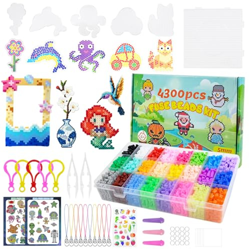 lompyeu 4300 Pcs Bügelperlen Set - 5mm Bügelperlen 24 Farben, Bastelset Geschenk Mädchen 5,6,7,8,9,11,12 jahre