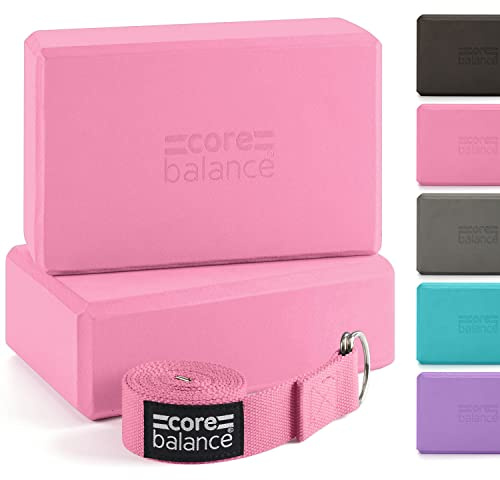 Core Balance Yoga Blocks im Doppelpack & GRATIS Yoga-Gurt, 2 STK. Eva Schaumstoff-Blöcke, robust & leicht, Riemen aus Baumwolle mit innovativem D-Ring Verschluss, ideal für Pilates, 5 versch. Farben