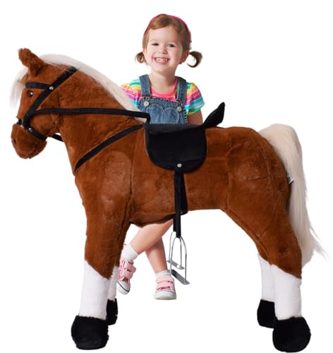 TE-Trend Reitpferd für Kinder, 70 cm Plüschpferd mit Sattel, Zaumzeug & Steigbügeln, Spielzeugpferd zum Reiten, Hellbraun
