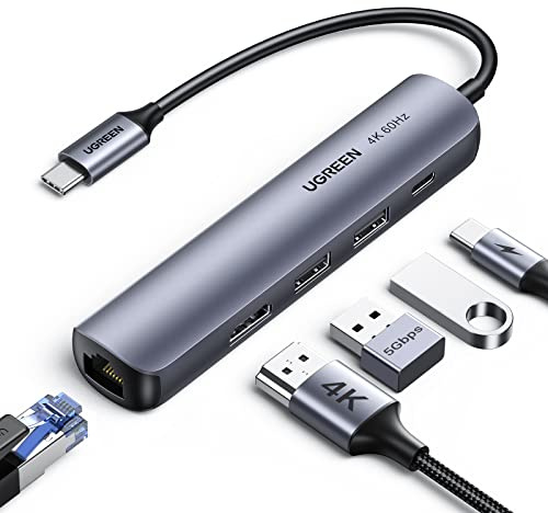 UGREEN USB C Hub Ethernet HDMI USB C Dock mit 100W PD, 4K HDMI, Ethernet, 2 USB 3.0, USB C Adapter kompatibel mit iPhone 15, Surface Pro, MacBook Pro/Air, iPad Pro/Air, Galaxy Tab, Galaxy S24 usw.