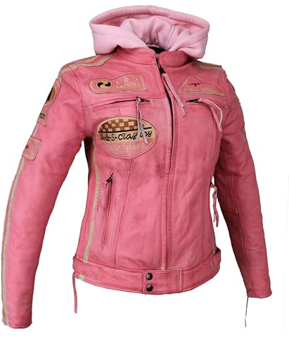 Damen Motorradjacke Lederjacke Damen Jacke mit Protektoren Lederjacke mit Kapuze Leather Jacket Biker Jacket Custom Jacke (DE/NL/SE/PL, Alphanumerisch, M, Regular, Regular, Rosa/Pink)