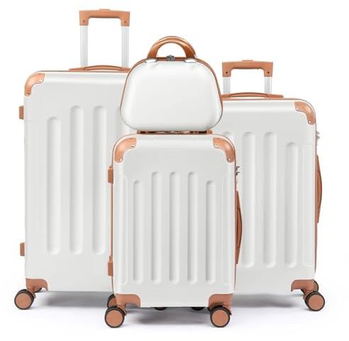 LEADZM Kofferset 4 teilig Hartschale, Koffer Set aus ABS, Reisekoffer mit Rollen Groß, Hartschalenkoffer Set, Koffer & Trolleys mit Kosmetikkoffer (Beige-Braun)